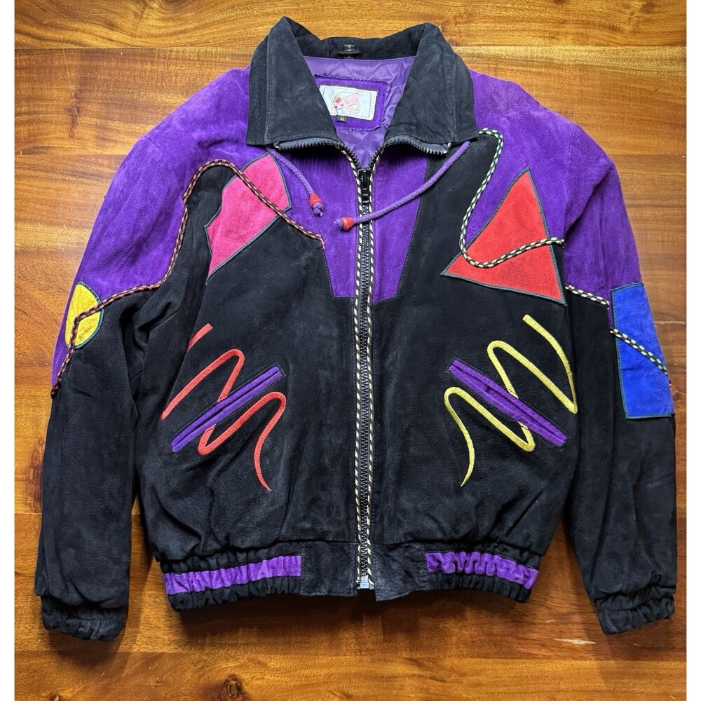 Vintage Adler Color Block Suede Jacket Patchwork Geometric Neon Pop Art Sz M 80s